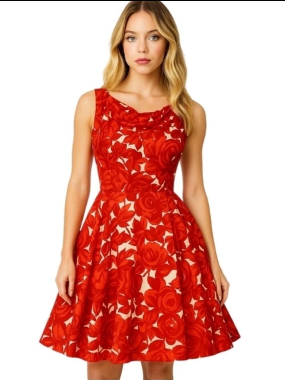 Lavia red floral print Box Pleat Cottagecore sleeveless fit N flare dress sz XS